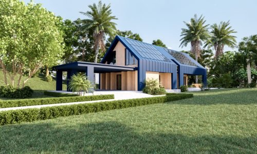 Solar panels on the roof of the modern house,Harvesting renewable energy with solar cell panels,Exterior design,3d rendering